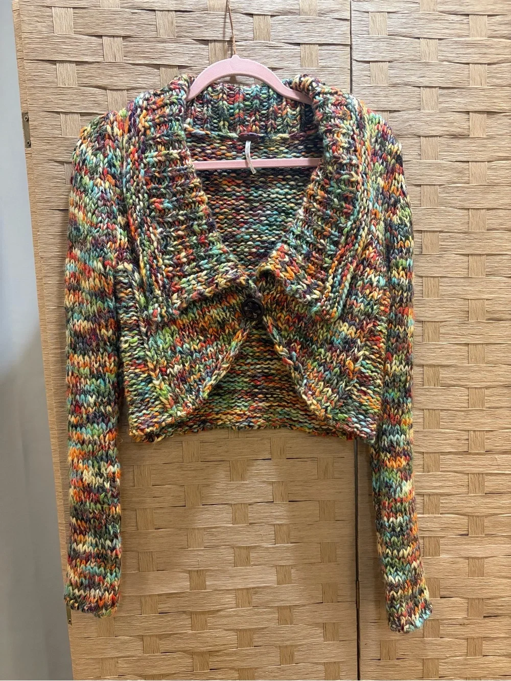 Free People Y2K Chunky Knit Cropped Cardigan Sweater Size L Boho Festival Cozy